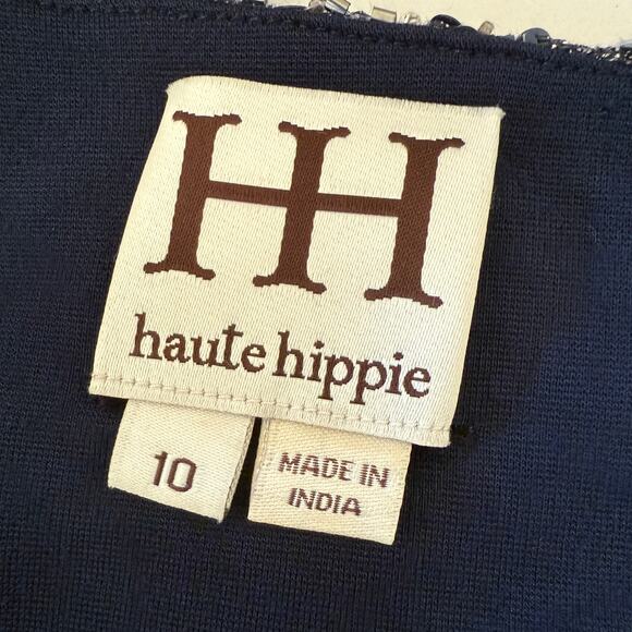 HAUTE HIPPIE | Navy Blue Beaded Silk High Neck wrap Skirt Gown Halter | Size 12 - Picture 6 of 7